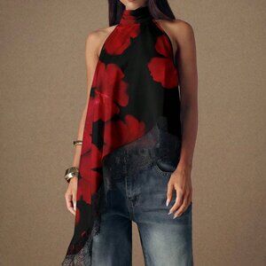 Multicolor Boho Women's Casual Hibiscus Floral Halter Neck Lace Hem Blouse